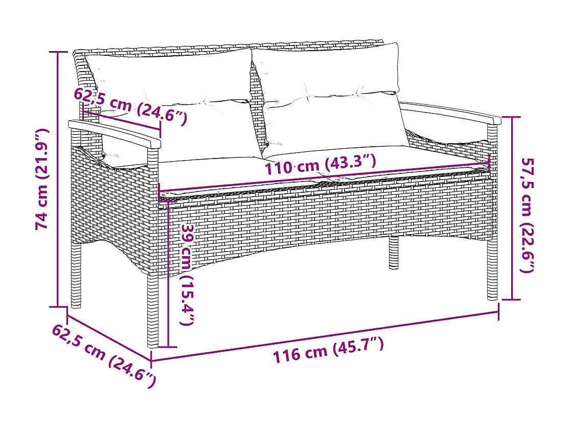 Tuinbank met kussens 116x62,5x74 cm zwart geweven hars