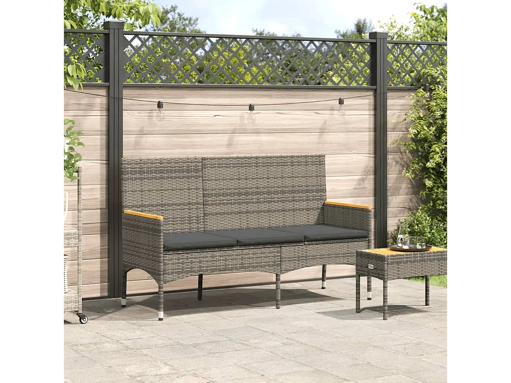 Banc de jardin 3 places avec coussins gris résine tressée