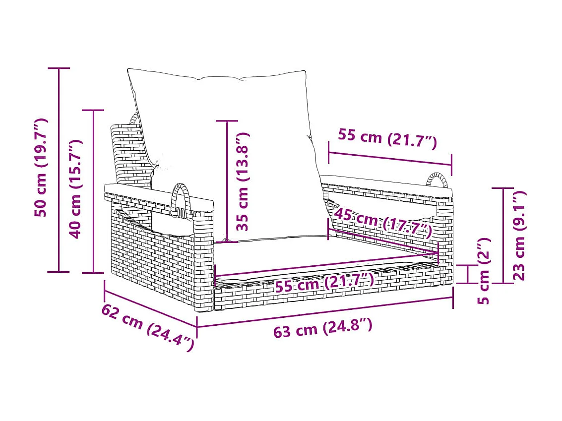 Balanço com almofadas cinza 63x62x40 cm resina tecida