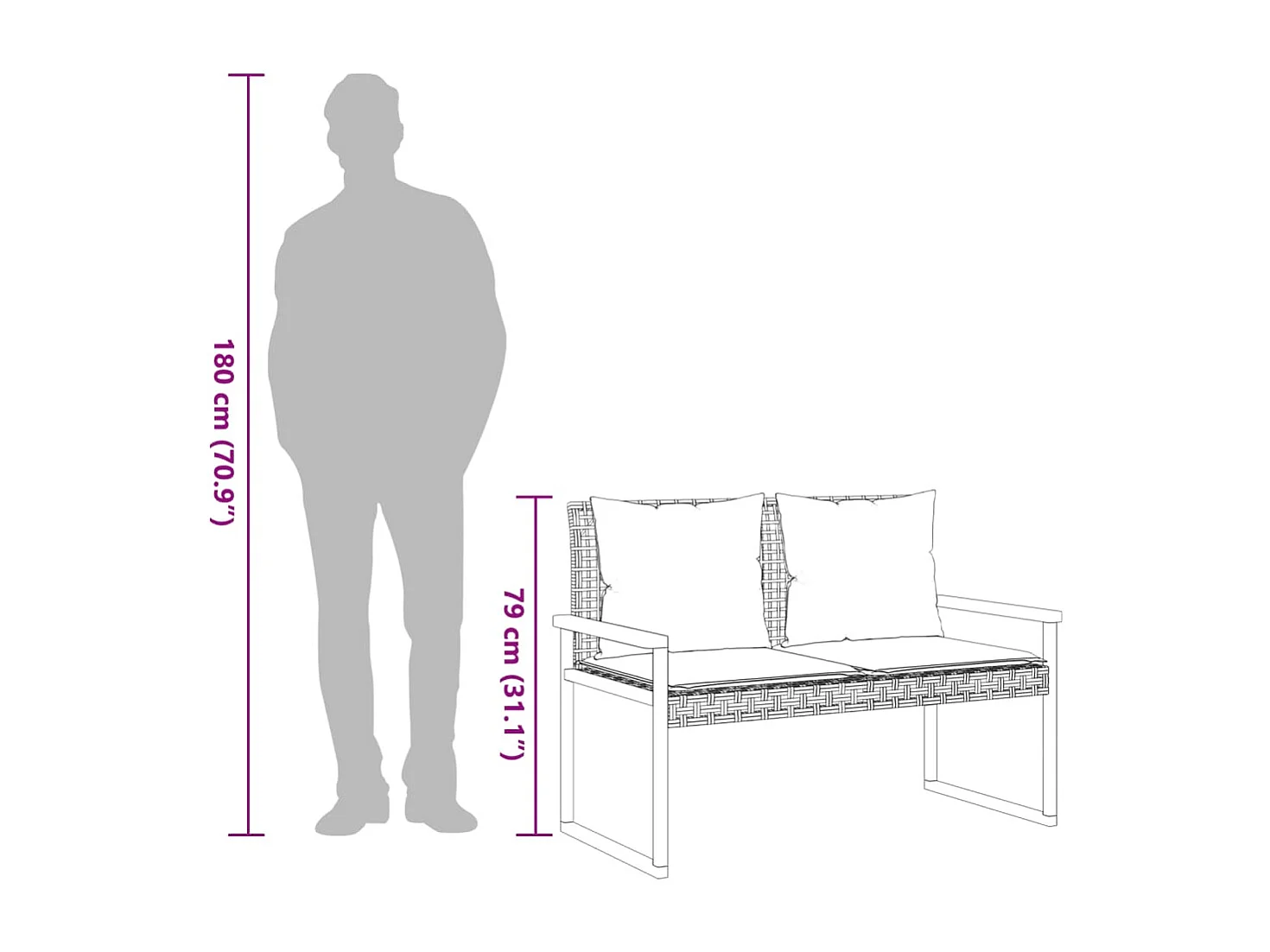 Banco de jardín con cojín resina tejida de acacia mezcla beige
