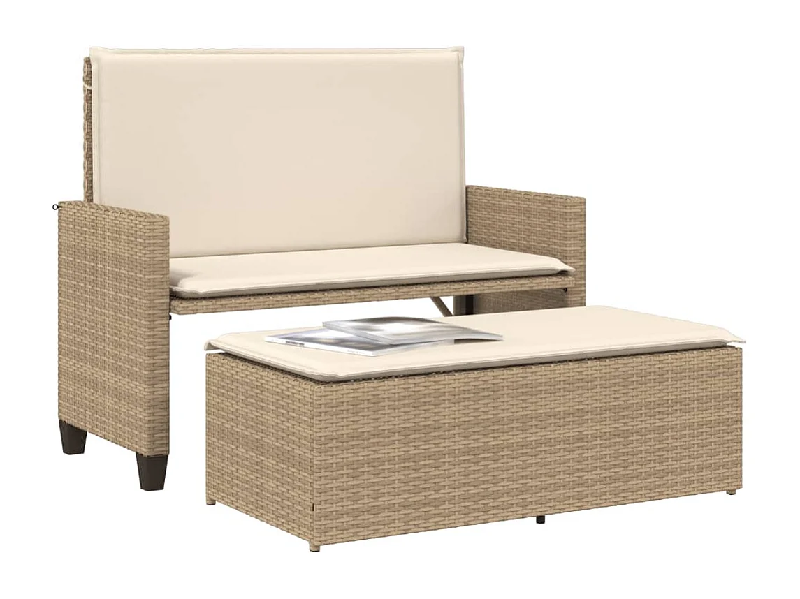 Banc de jardin et coussins et repose-pied beige résine tressée