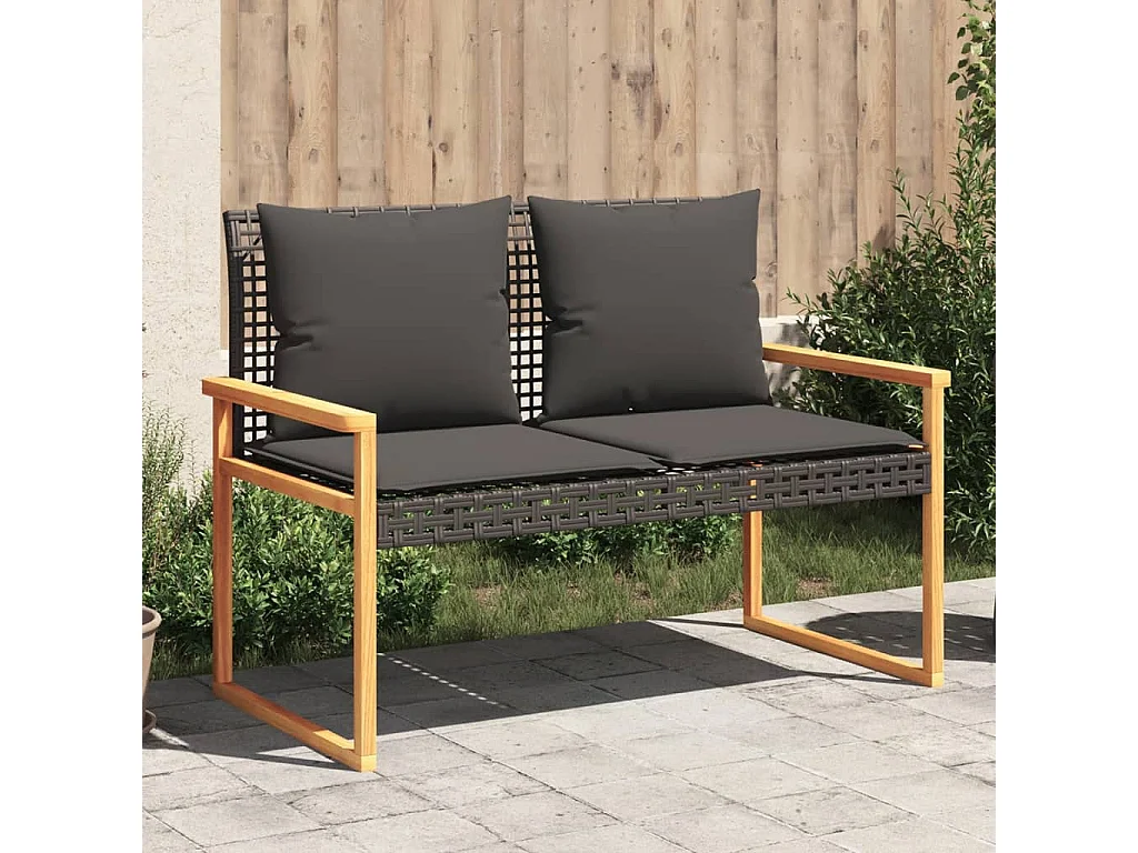 Panca da giardino con cuscino in resina intrecciata nera e acacia