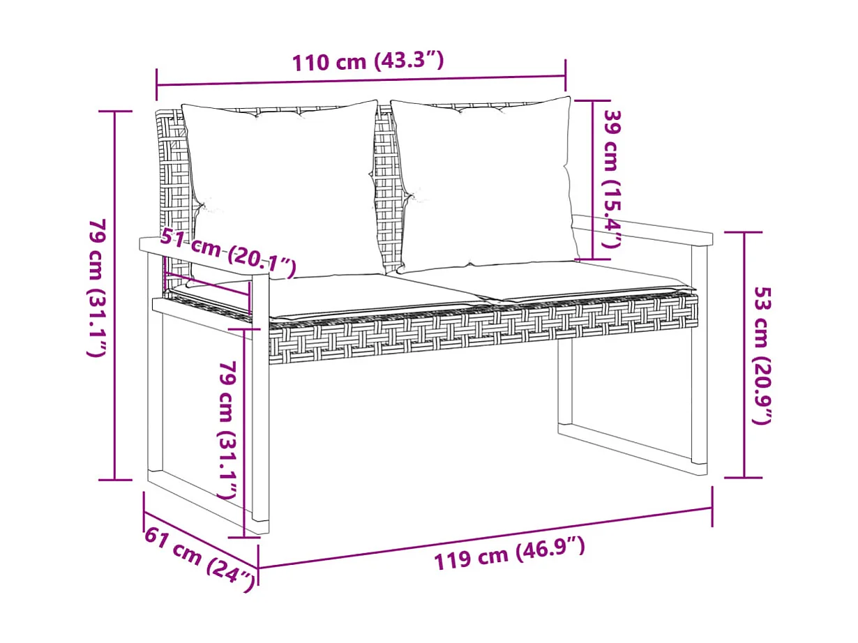 Panca da giardino con cuscino in resina intrecciata nera e acacia