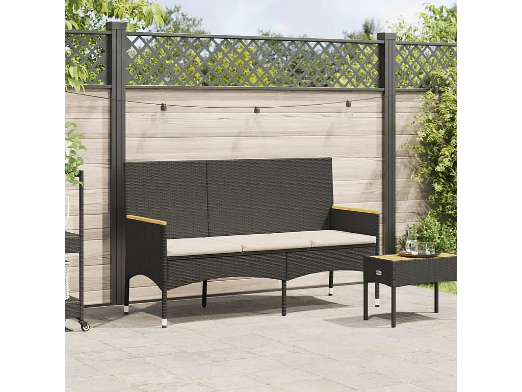 Panca da giardino a 3 posti con cuscini in resina intrecciata nera