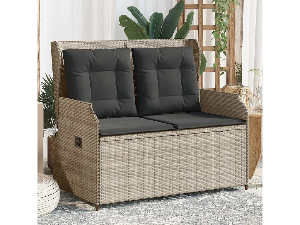 Banc inclinable de jardin et coussins gris clair résine tressée