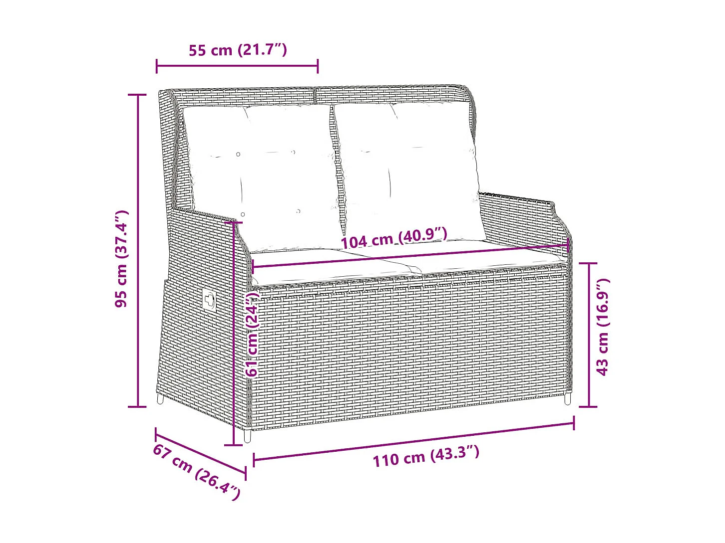 Banc inclinable de jardin et coussins gris clair résine tressée