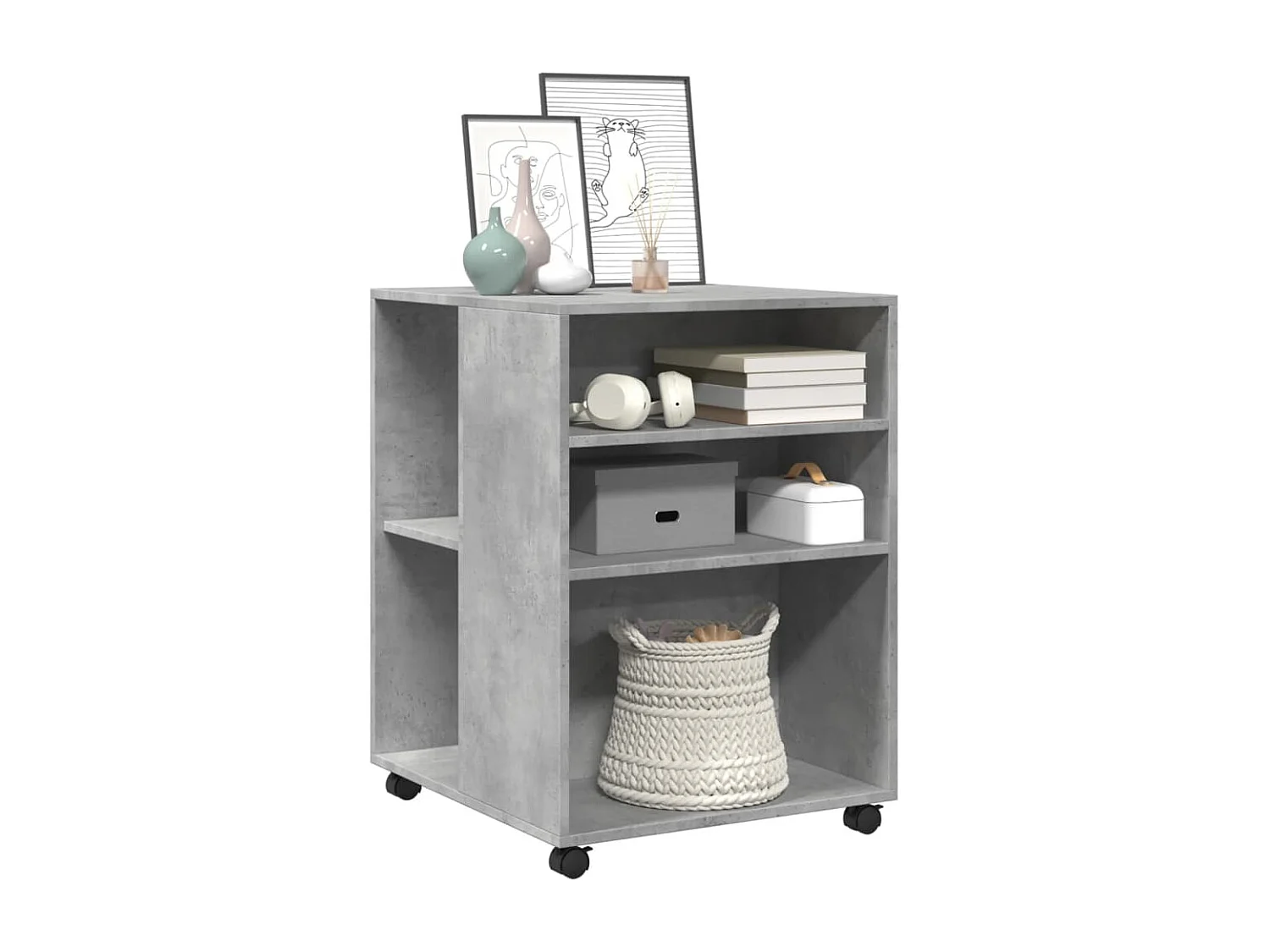 Beistelltisch mit Rollen aus betongrauem Holzwerkstoff