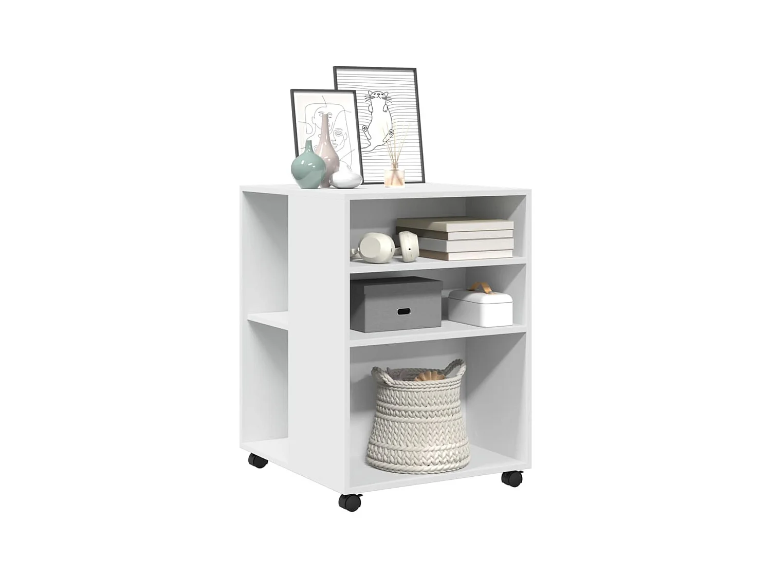 Mesa auxiliar con ruedas madera contrachapada blanca 55x60x78 cm