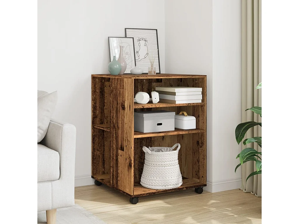 Bijzettafel met oude houten wielen 55x60x78 cm