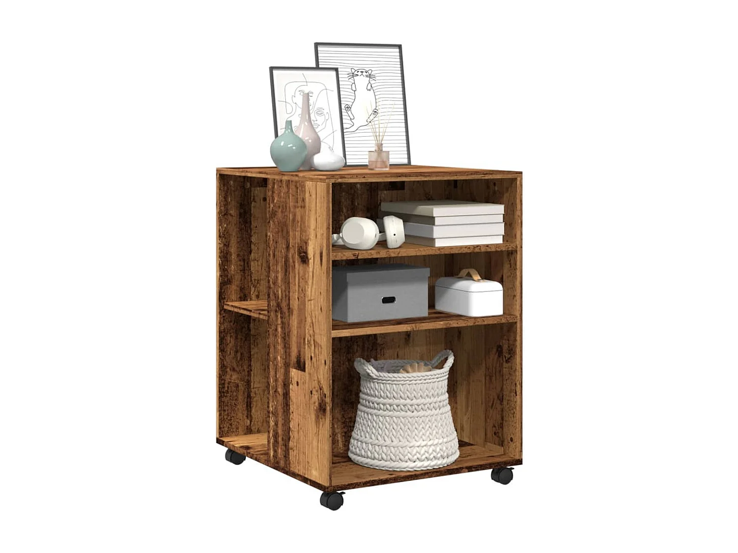 Table d'appoint avec roues vieux bois 55x60x78 cm