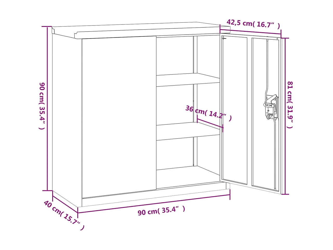 Armário de escritório com 2 portas cinza 90 cm aço