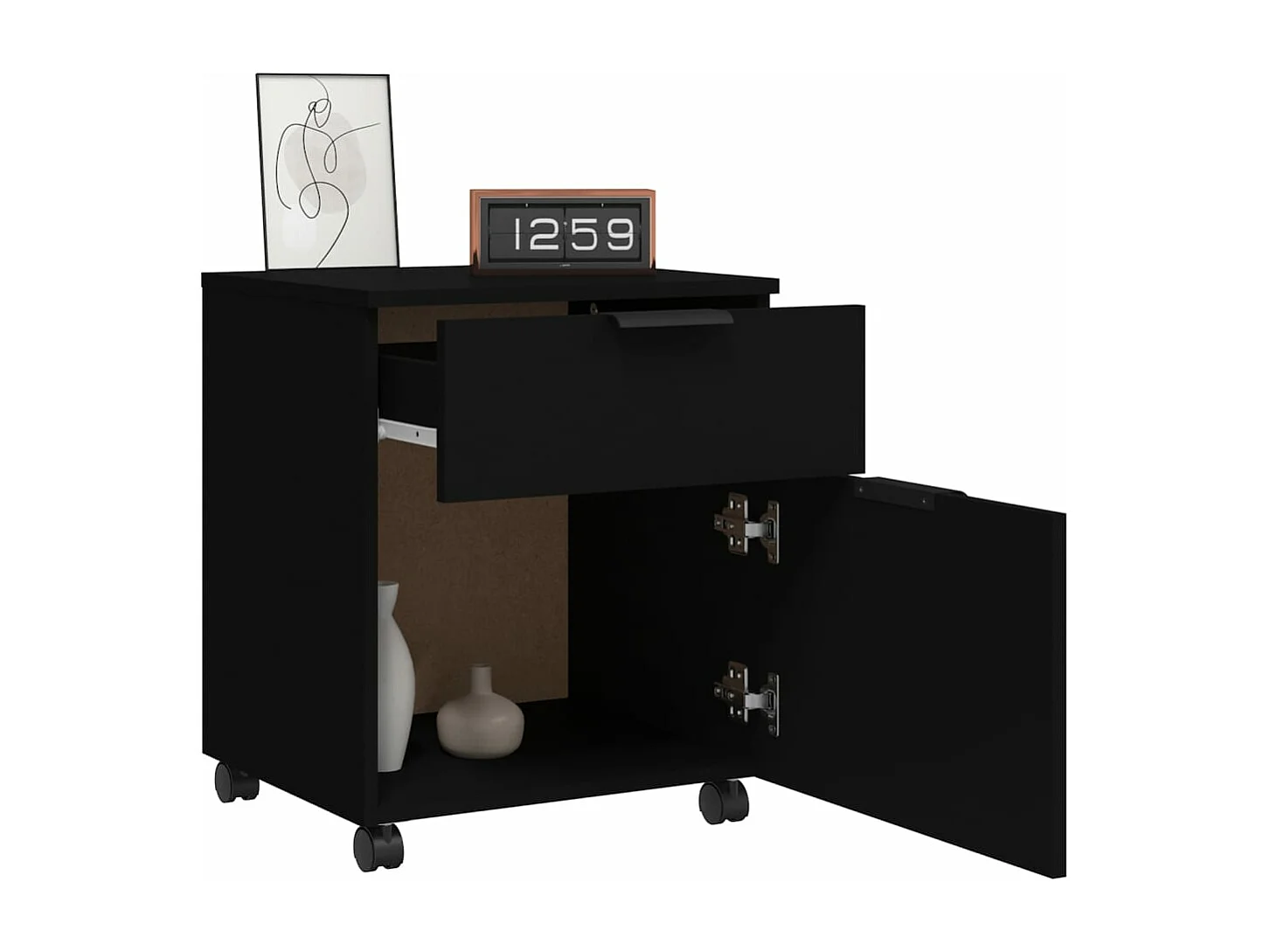 Mobile schedario con ruote nere 45x38x54 cm in derivati del legno