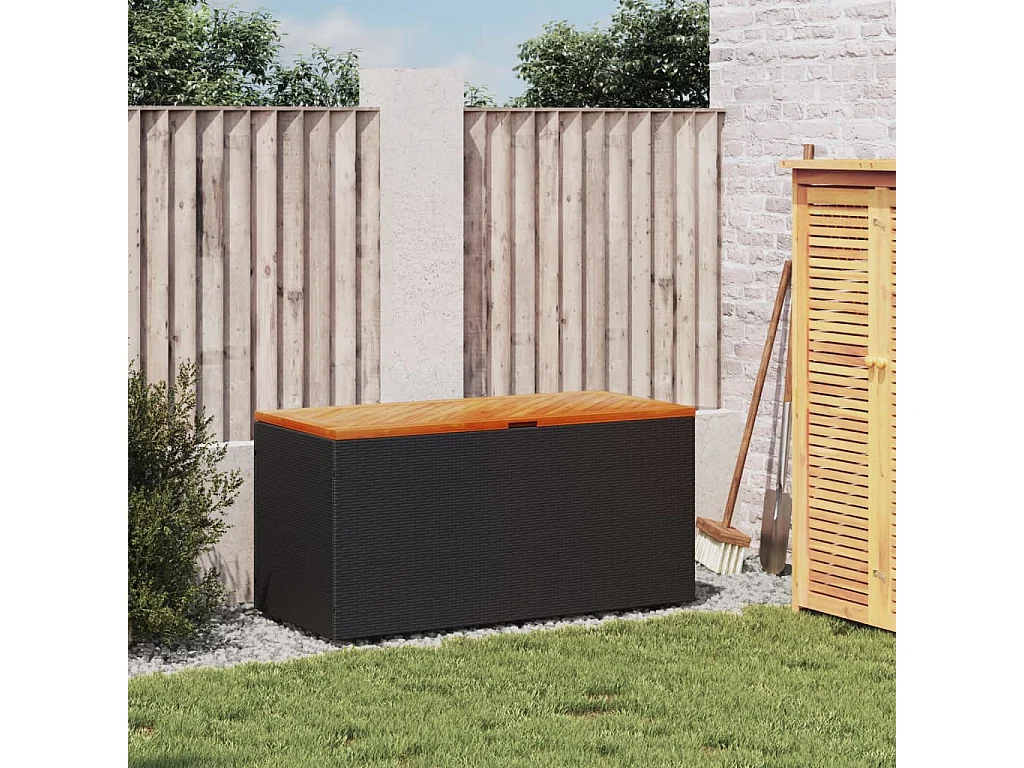 Baule da giardino nero in resina intrecciata in legno di acacia