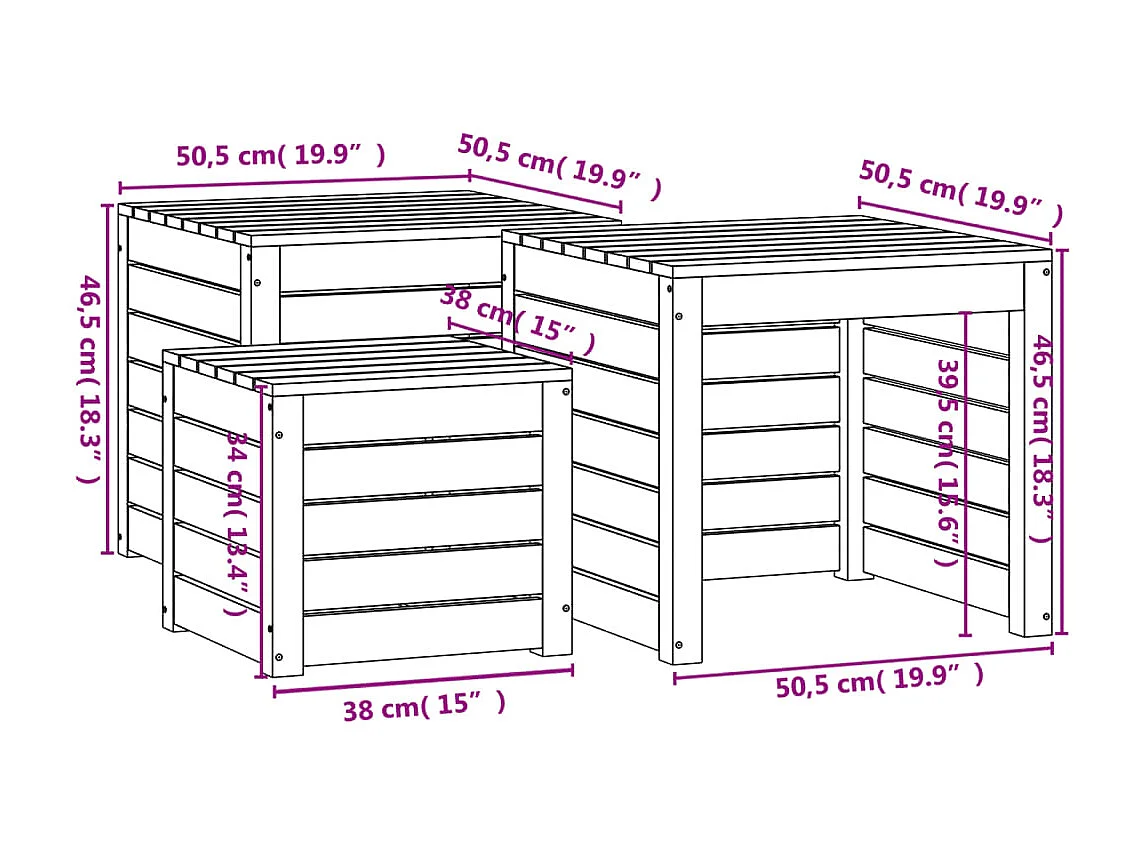 Set box da giardino 3 pz in legno massello di pino bianco