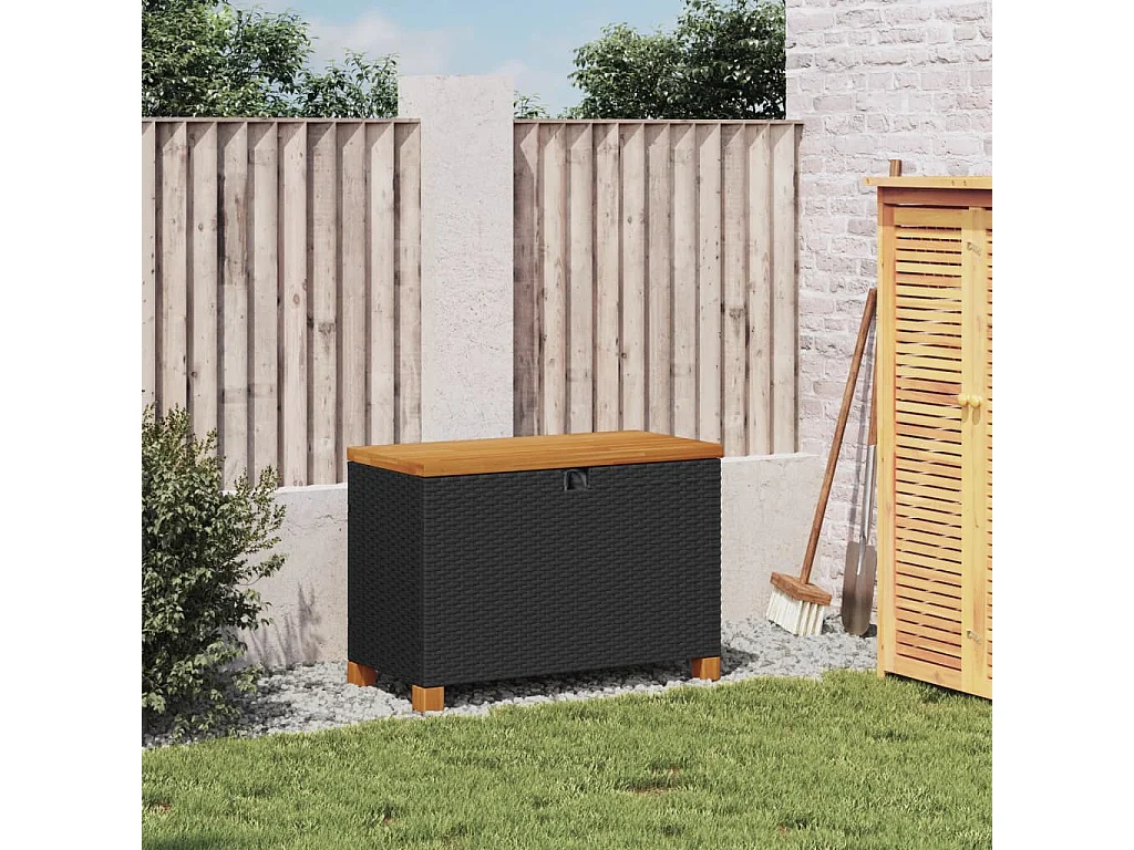 Boîte de rangement de jardin noir résine tressée bois d'acacia