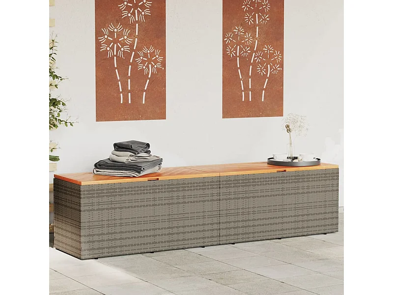 Boîte de rangement de jardin gris résine tressée bois d'acacia