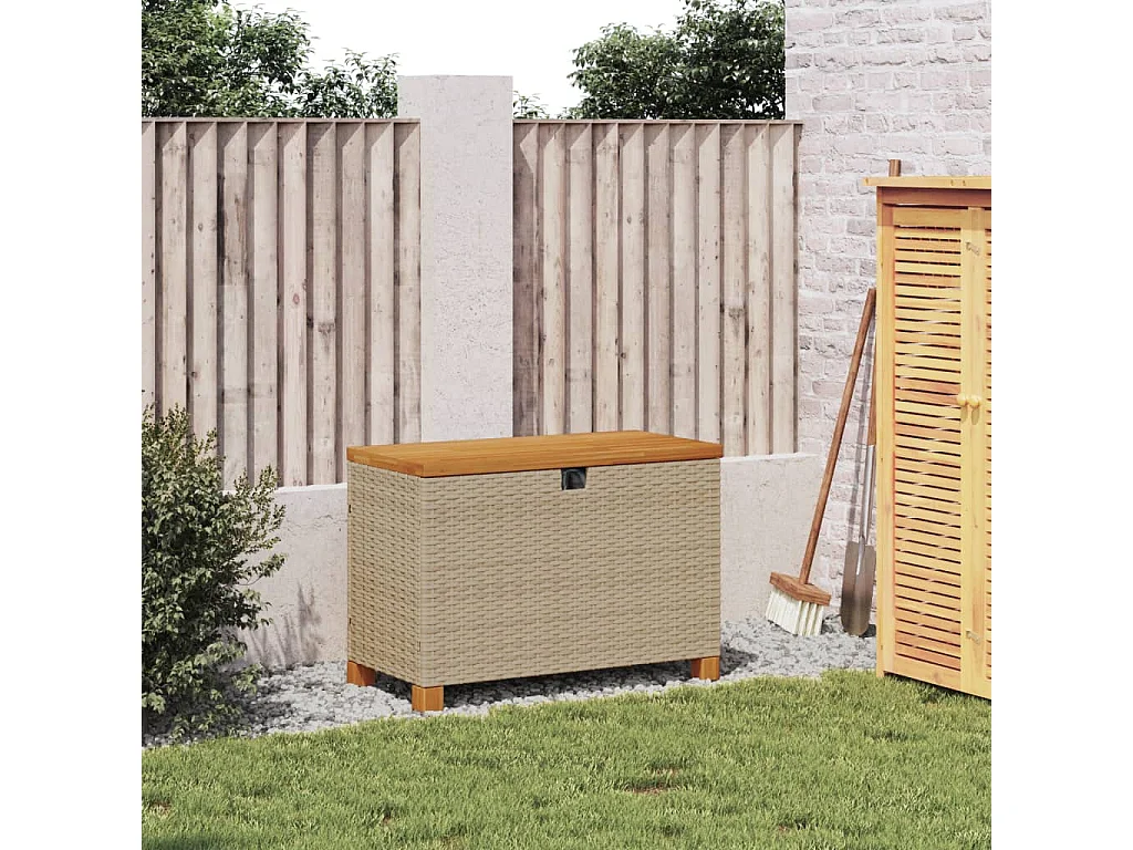 Beigefarbene Garten-Aufbewahrungsbox aus geflochtenem Akazienholzharz