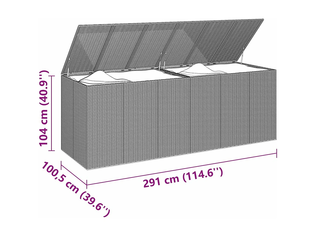 Caja de cojines de jardín resina tejida 291x100,5x104 cm Gris