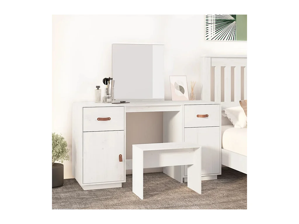 Ensemble de coiffeuse avec miroir Blanc Bois de pin solide