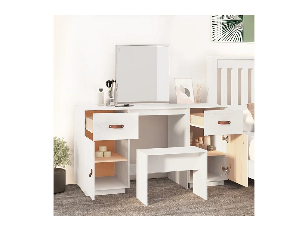 Ensemble de coiffeuse avec miroir Blanc Bois de pin solide