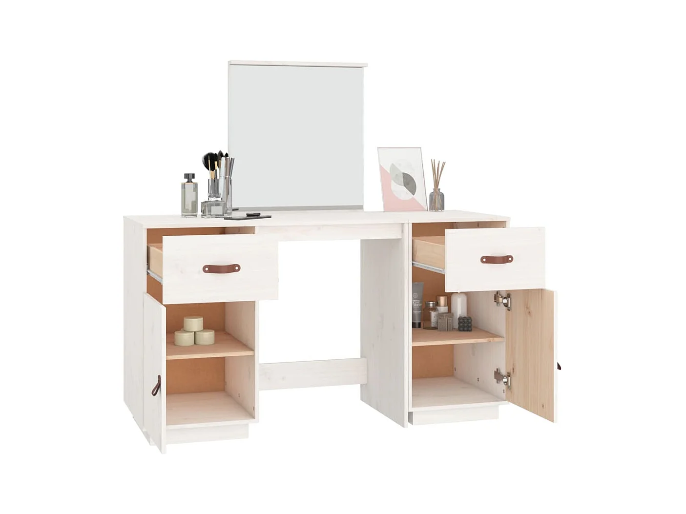 Ensemble de coiffeuse avec miroir Blanc Bois de pin solide