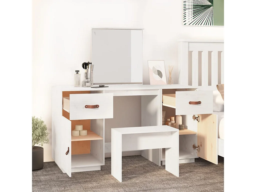 Ensemble de coiffeuse avec miroir Blanc Bois de pin solide