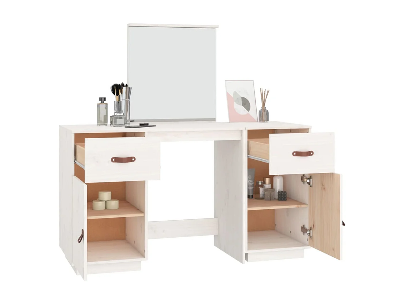 Ensemble de coiffeuse avec miroir Blanc Bois de pin solide