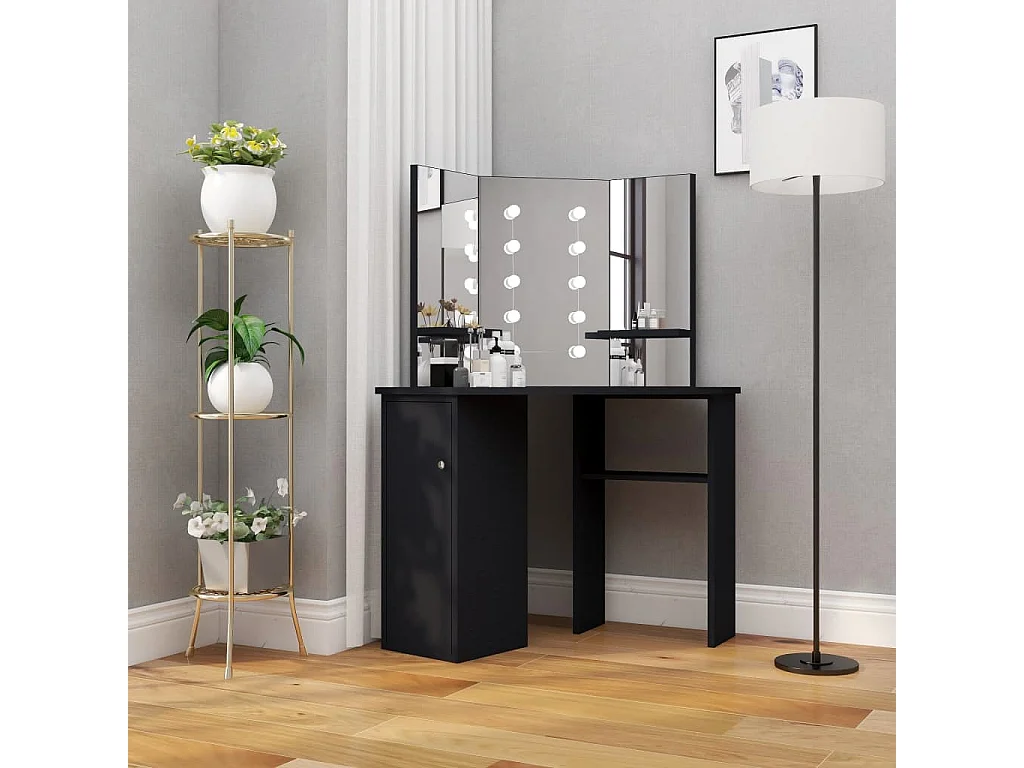 Tocador de esquina con LED Negro 111x54x141,5 cm