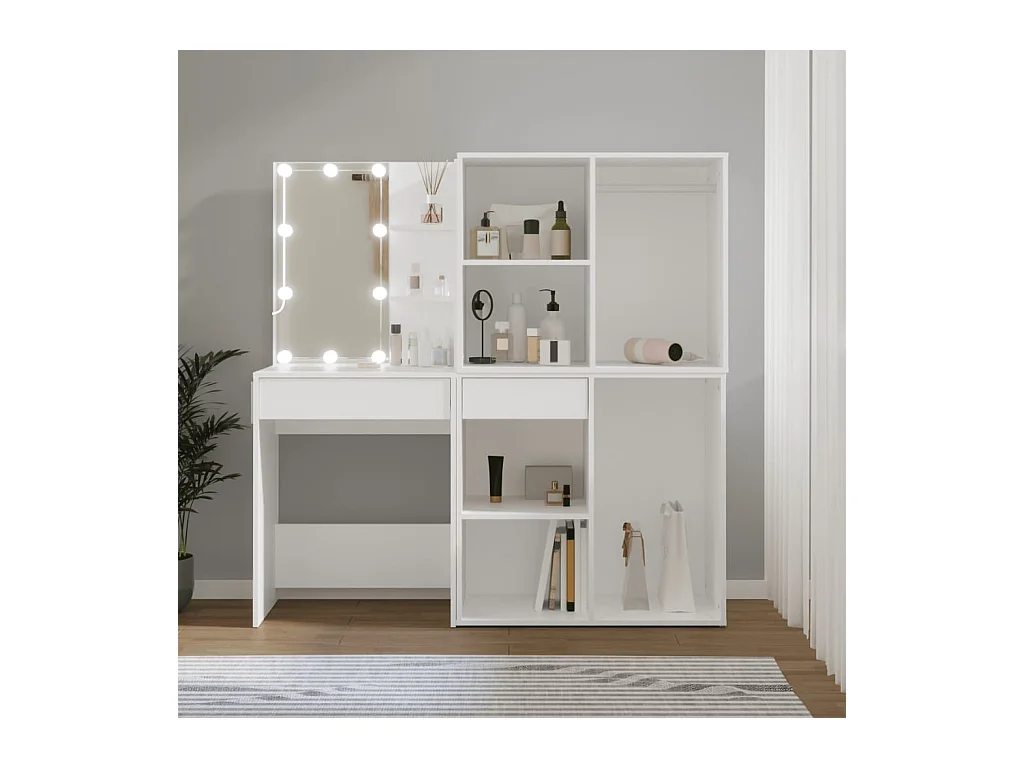 Coiffeuse à LED avec 2 armoires Blanc Bois d'ingénierie