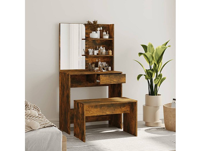 Coiffeuse Avec Miroir – Bois Chêne Marron, 74,5 X 40 X 141 Cm, Neuve