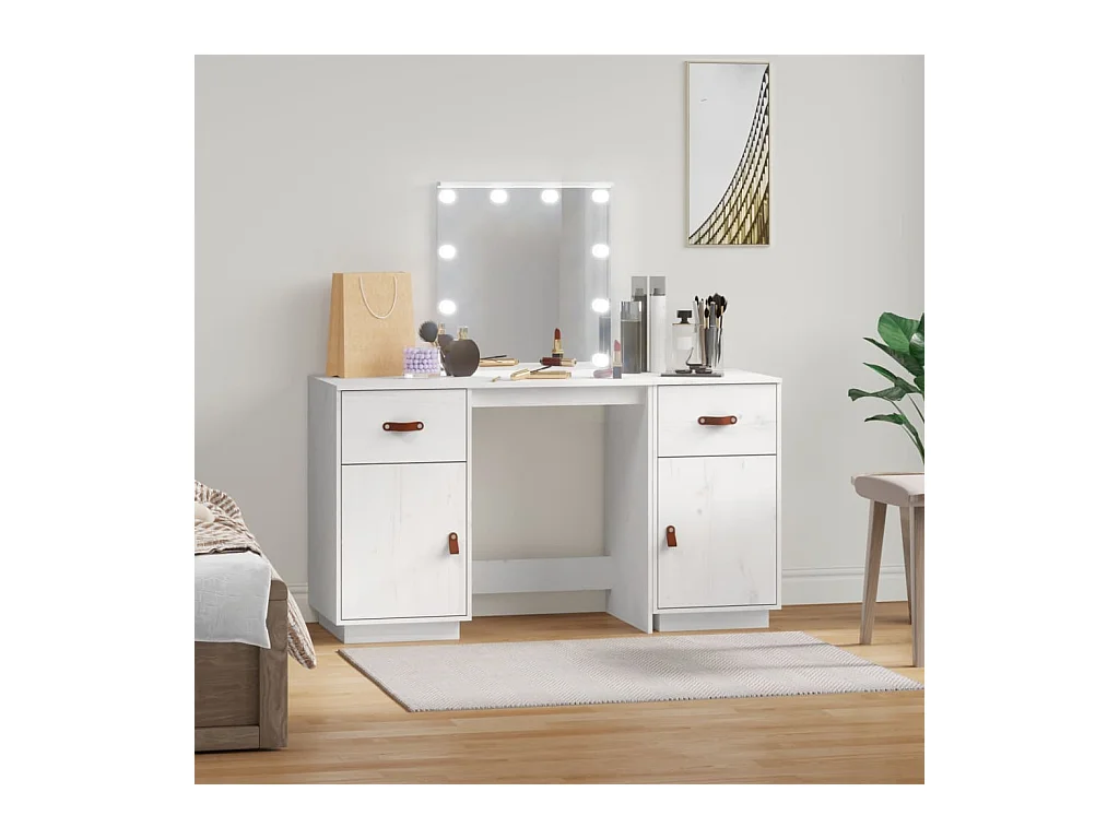 Ensemble de coiffeuse avec LED Blanc Bois de pin solide