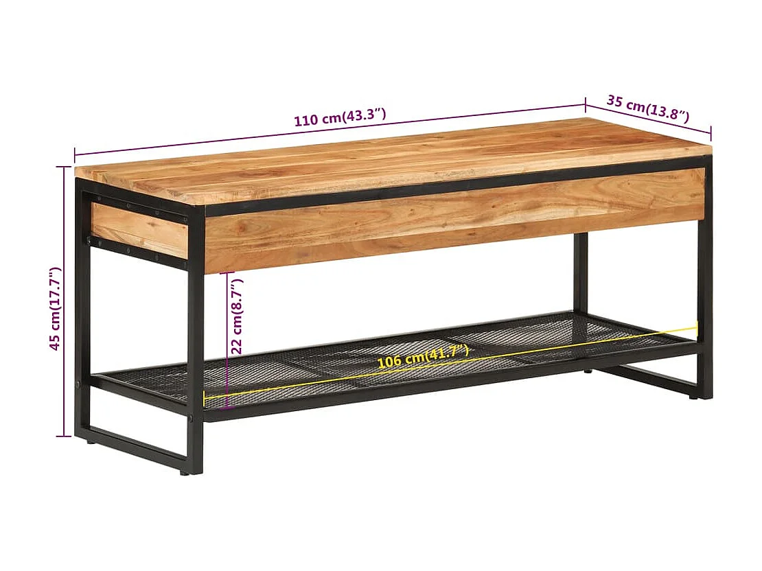 Panca per scarpe 110x35x45 cm in legno massello di acacia e ferro