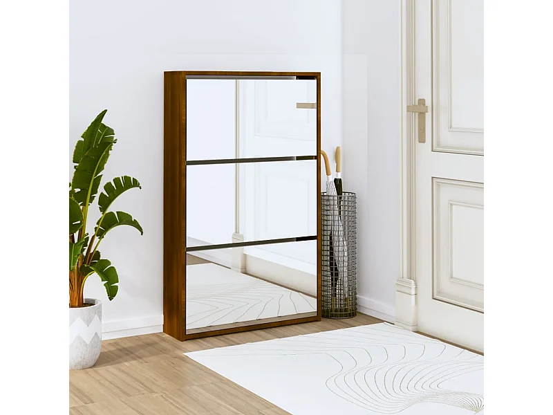 Verspiegelter Schuhschrank 3 Ebenen Braune Eiche 63x17x102,5cm