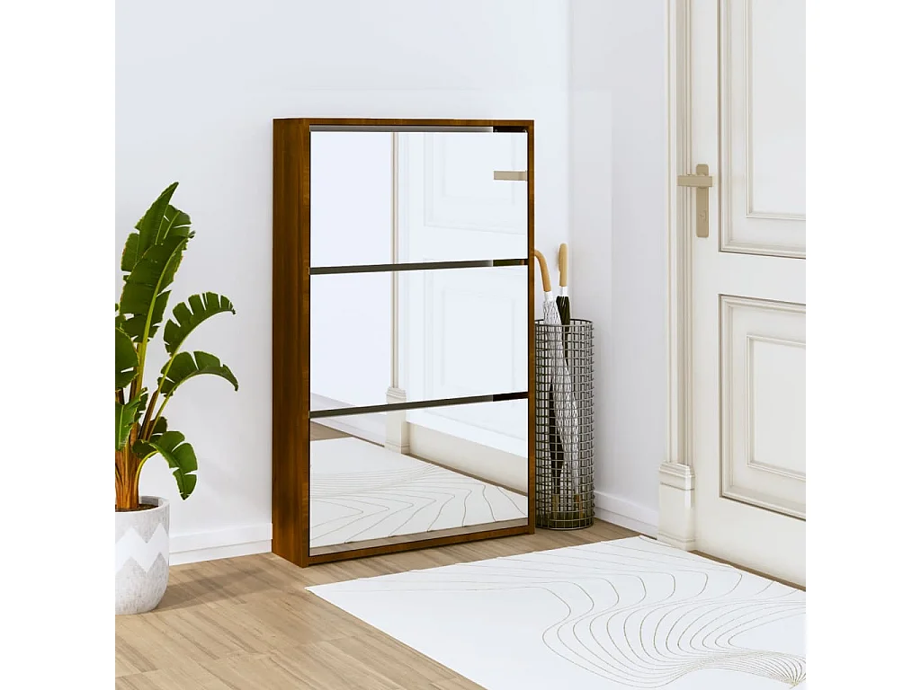 Armoire à chaussures miroir 3niveaux Chêne marron 63x17x102,5cm