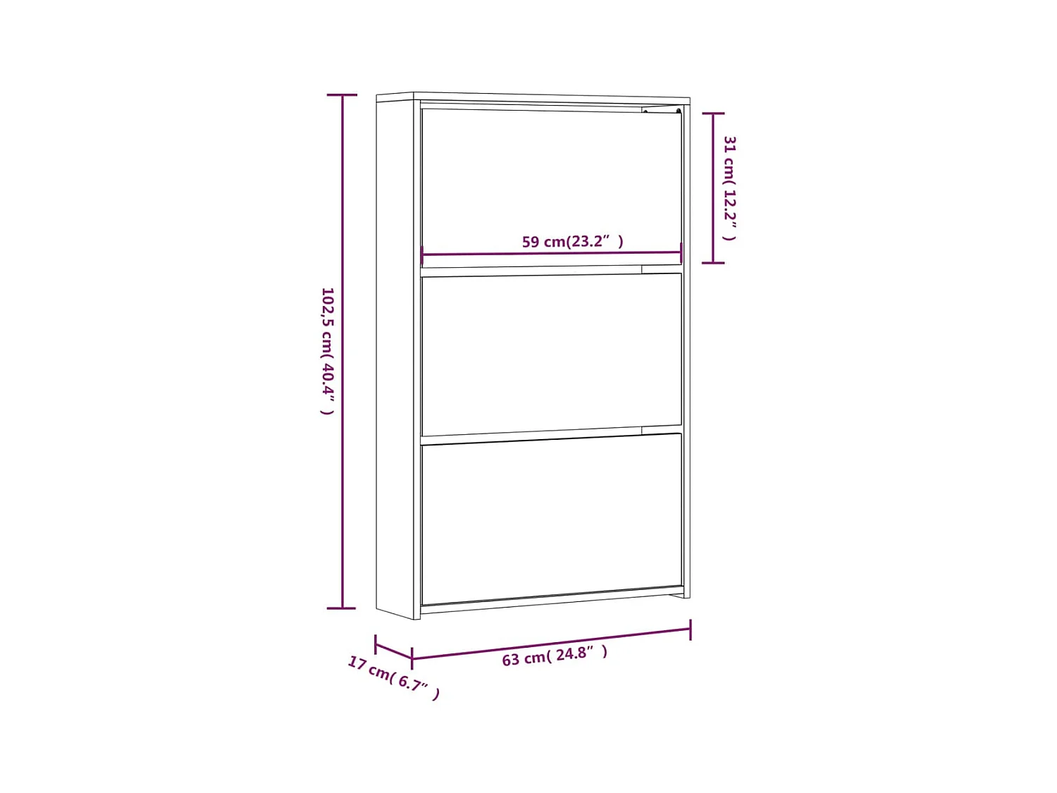 Armoire à chaussures miroir 3niveaux Chêne marron 63x17x102,5cm