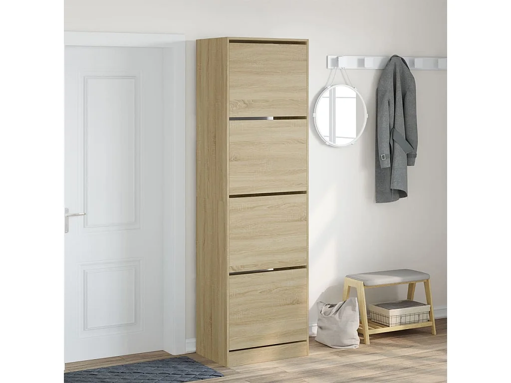 Armoire à chaussures 4 tiroirs rabattables chêne 60x42x204 cm