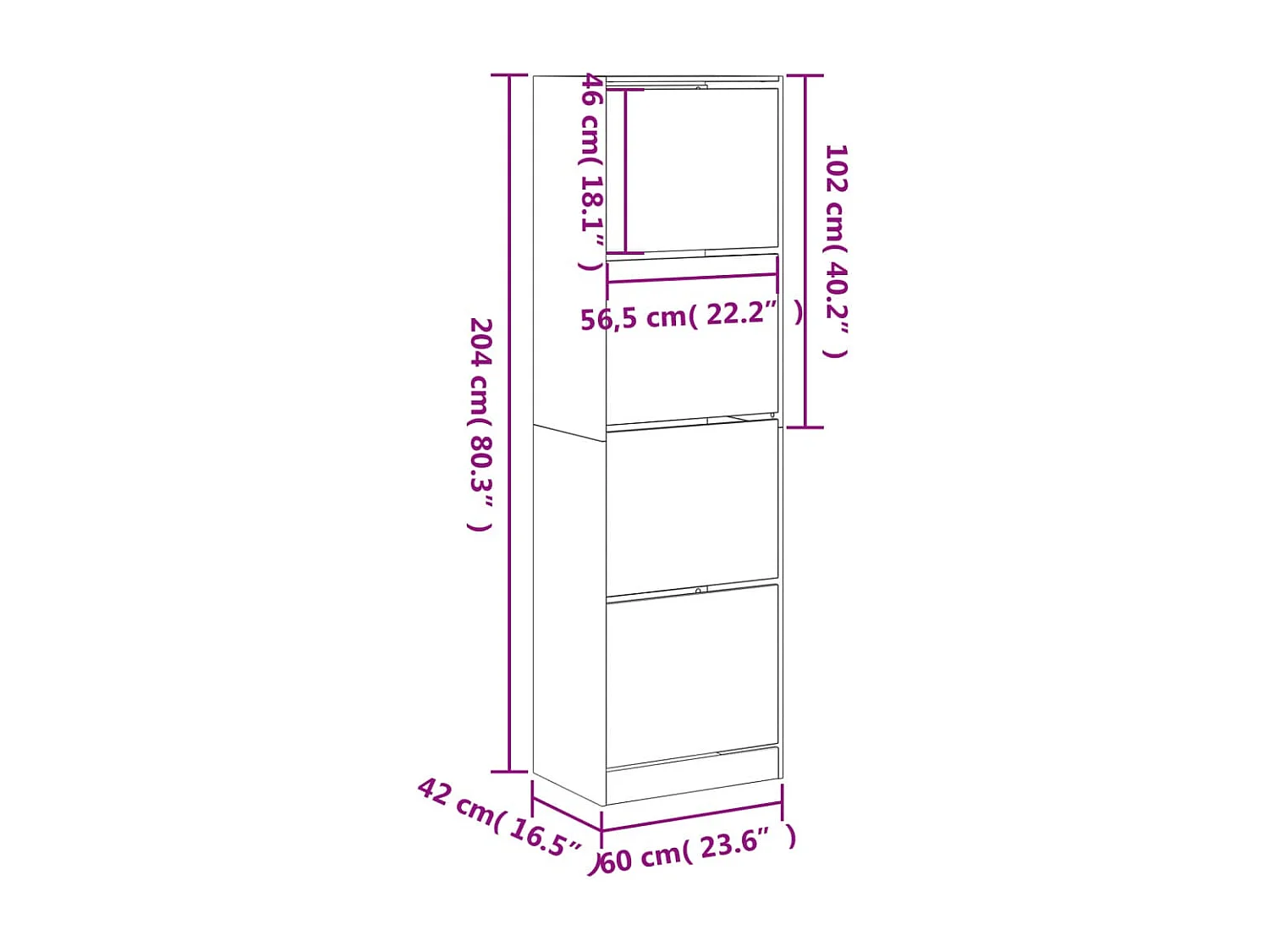 Armoire à chaussures 4 tiroirs rabattables chêne 60x42x204 cm