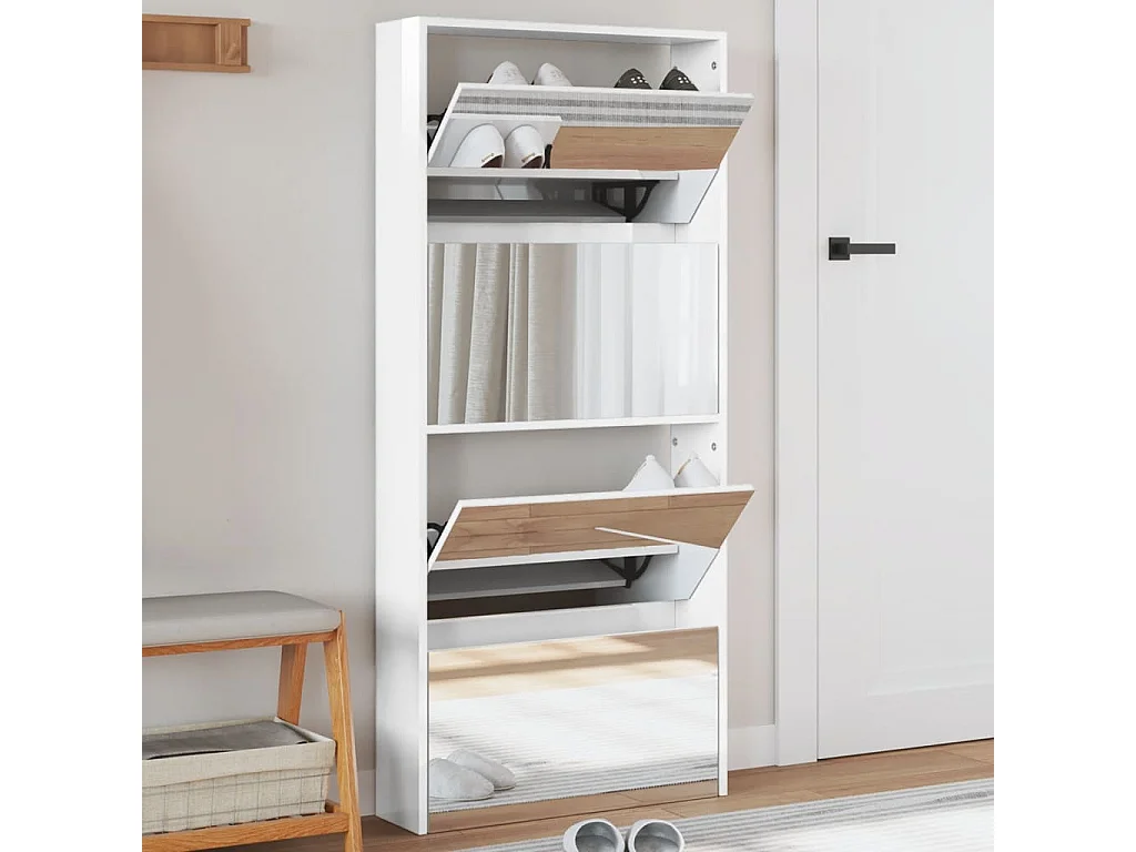 Armoire à chaussures miroir 4 niveaux blanc brillant
