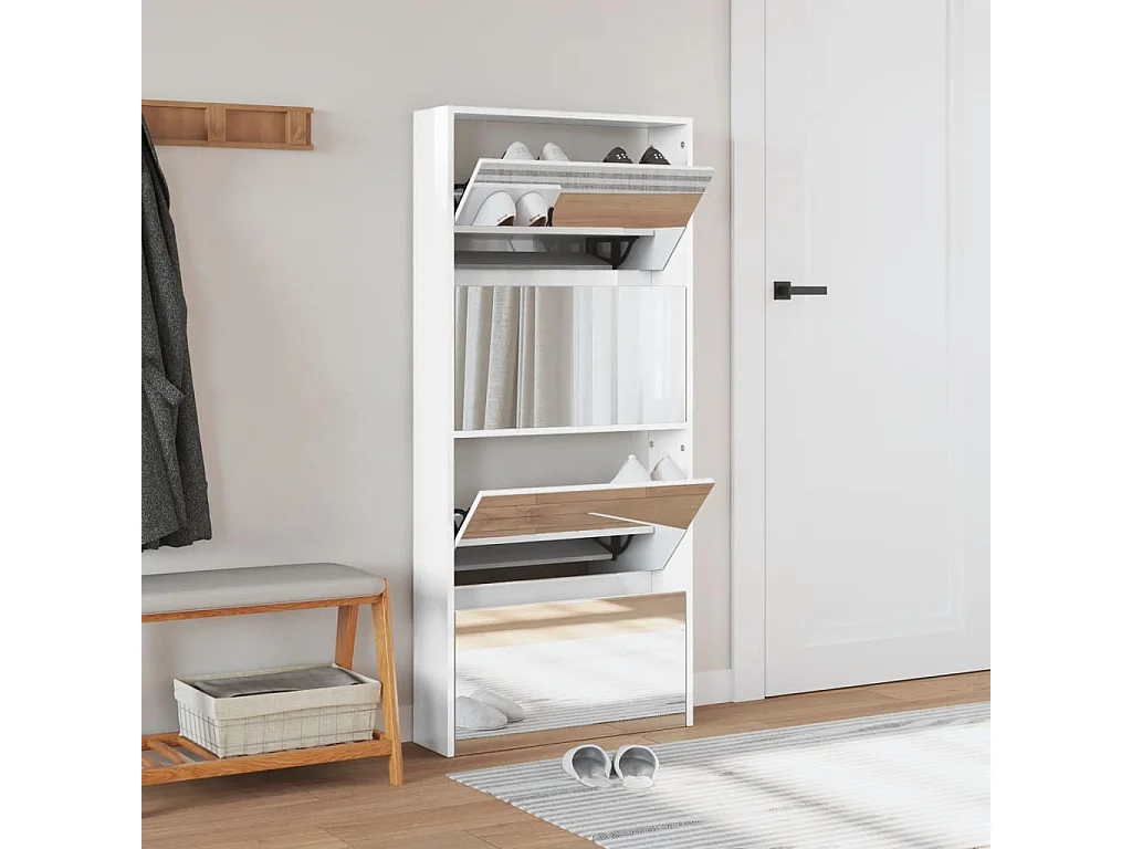 Armoire à chaussures miroir 4 niveaux blanc brillant