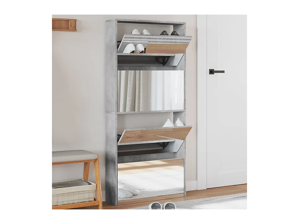 Armoire à chaussures et miroir 4 niveaux gris béton 63x17x134cm
