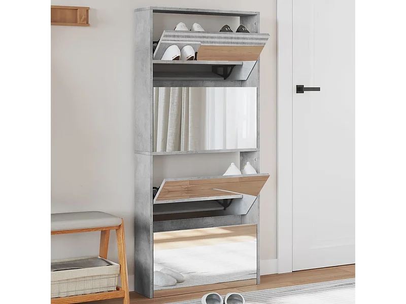 Schuhschrank und Spiegel 4 Ebenen betongrau 63x17x134cm