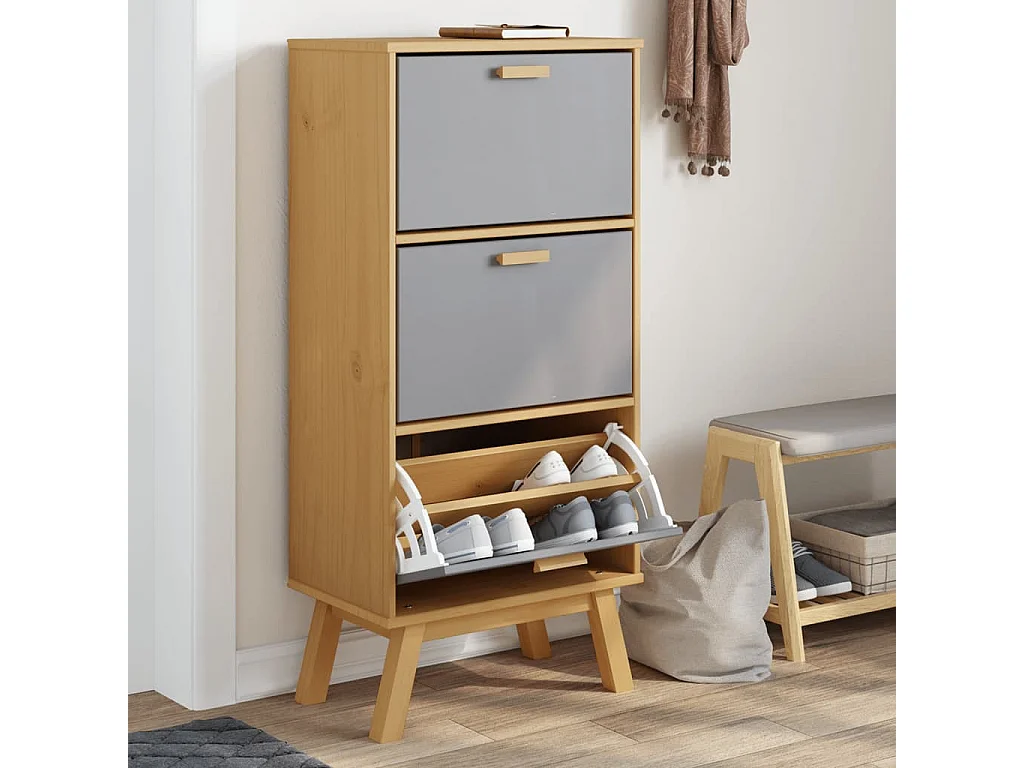 Armoire à chaussures OLDEN gris et marron bois massif de pin