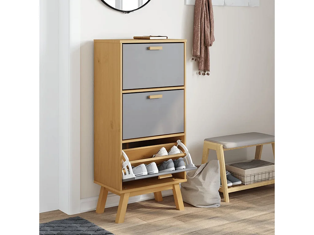 Armoire à chaussures OLDEN gris et marron bois massif de pin