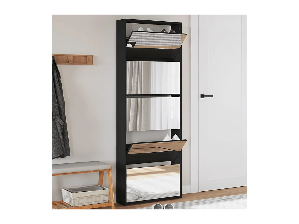 Armoire à chaussures avec miroir 5 niveaux noir 63x17x169,5 cm