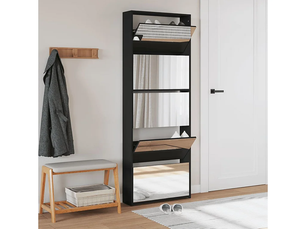 Schuhschrank mit Spiegel 5 Ebenen schwarz 63x17x169,5 cm