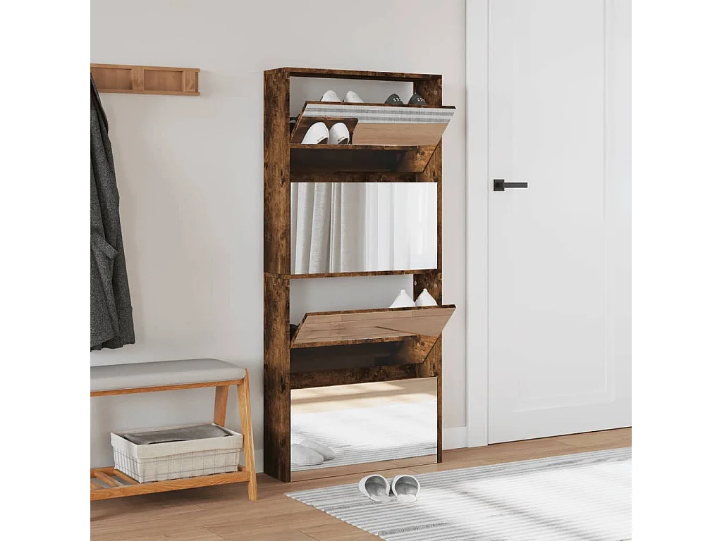 Scarpiera a specchio con 4 livelli rovere affumicato 63x17x134 cm
