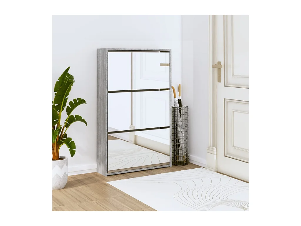 Scarpiera a 3 ripiani con specchio Sonoma grigio 63x17x102,5 cm
