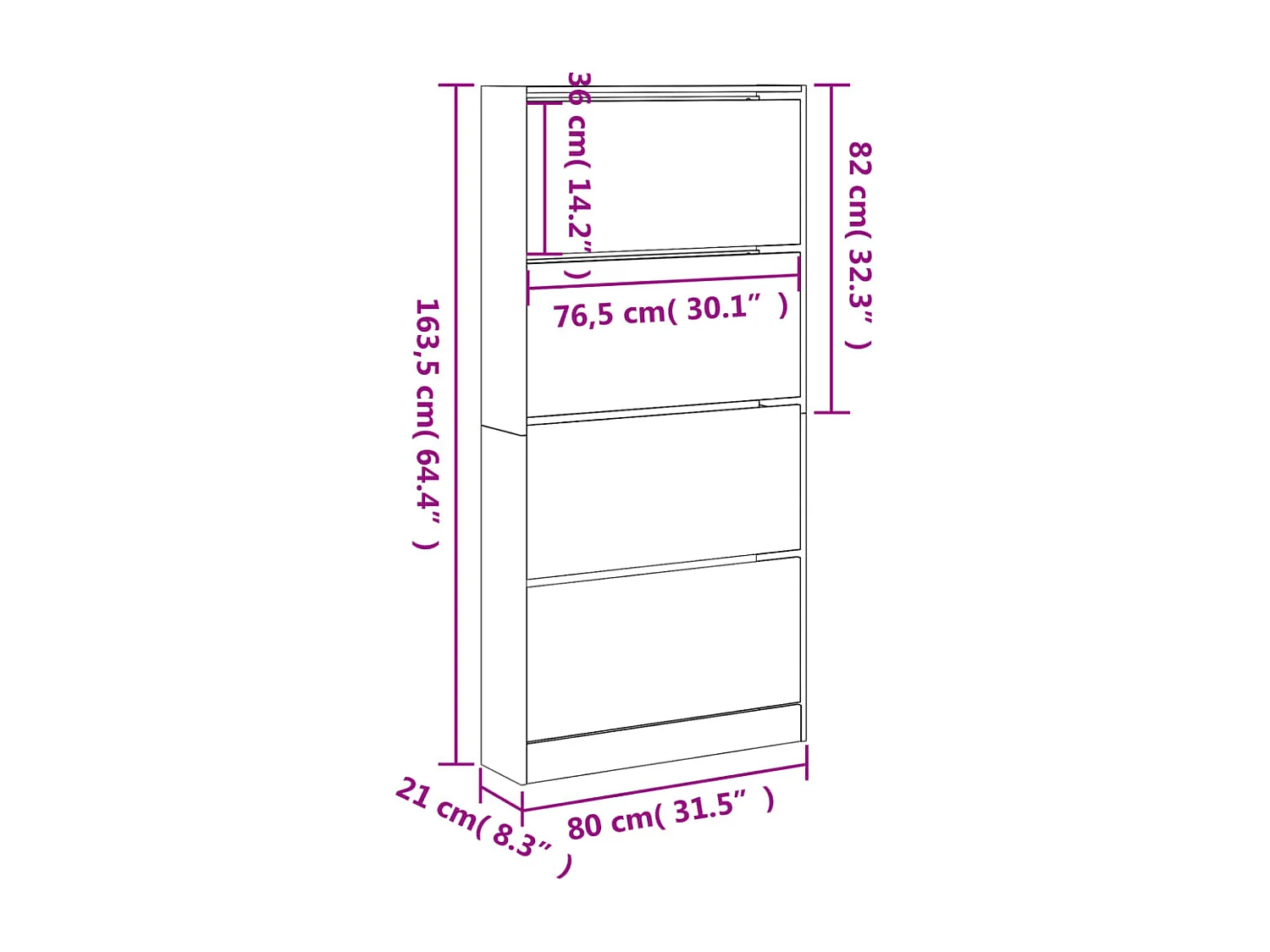 Armoire à chaussures 4 tiroirs rabattables noir 80x21x163,5 cm