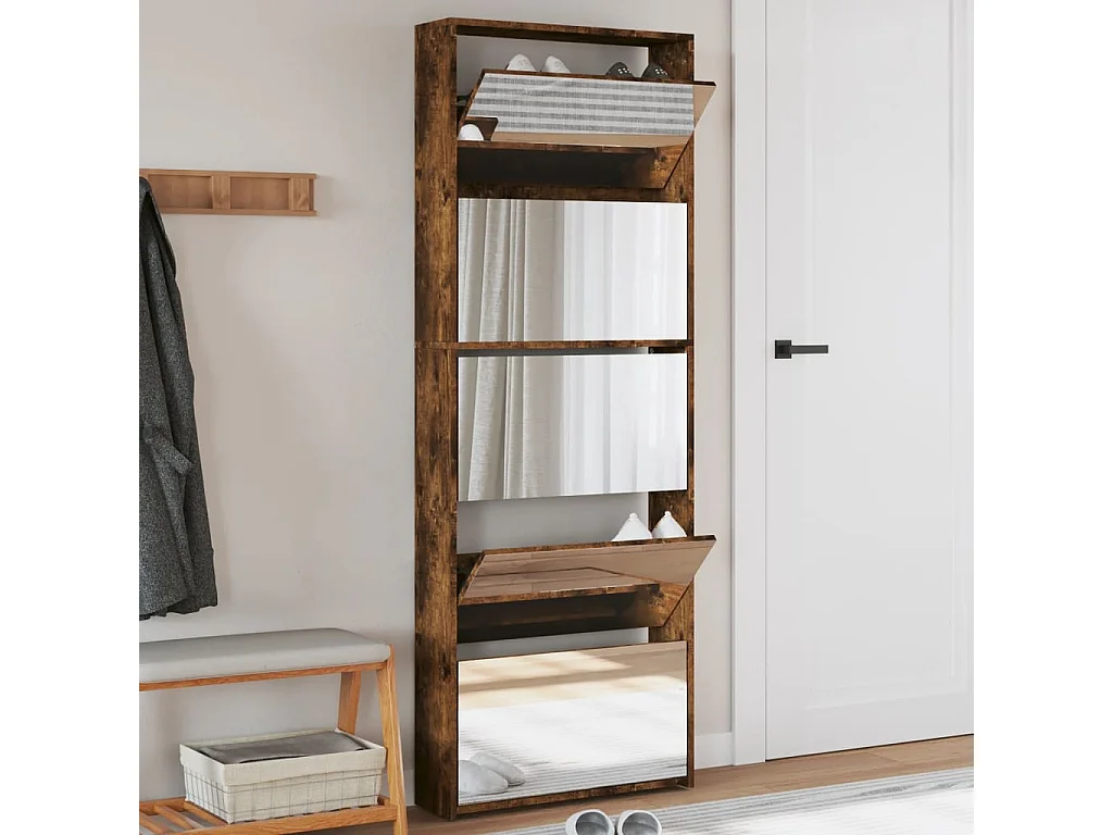 Verspiegelter Schuhschrank, 5 Ebenen, Räuchereiche, 63 x 17 x 169,5 cm