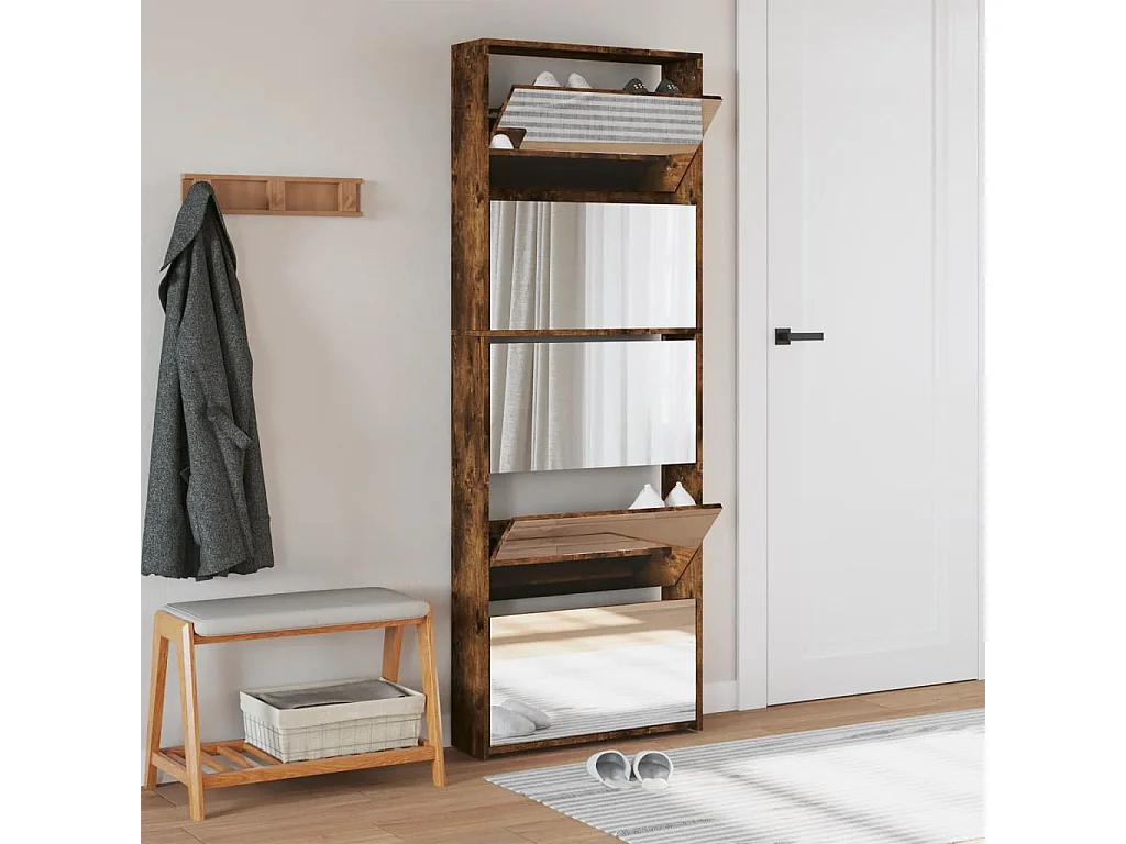 Verspiegelter Schuhschrank, 5 Ebenen, Räuchereiche, 63 x 17 x 169,5 cm